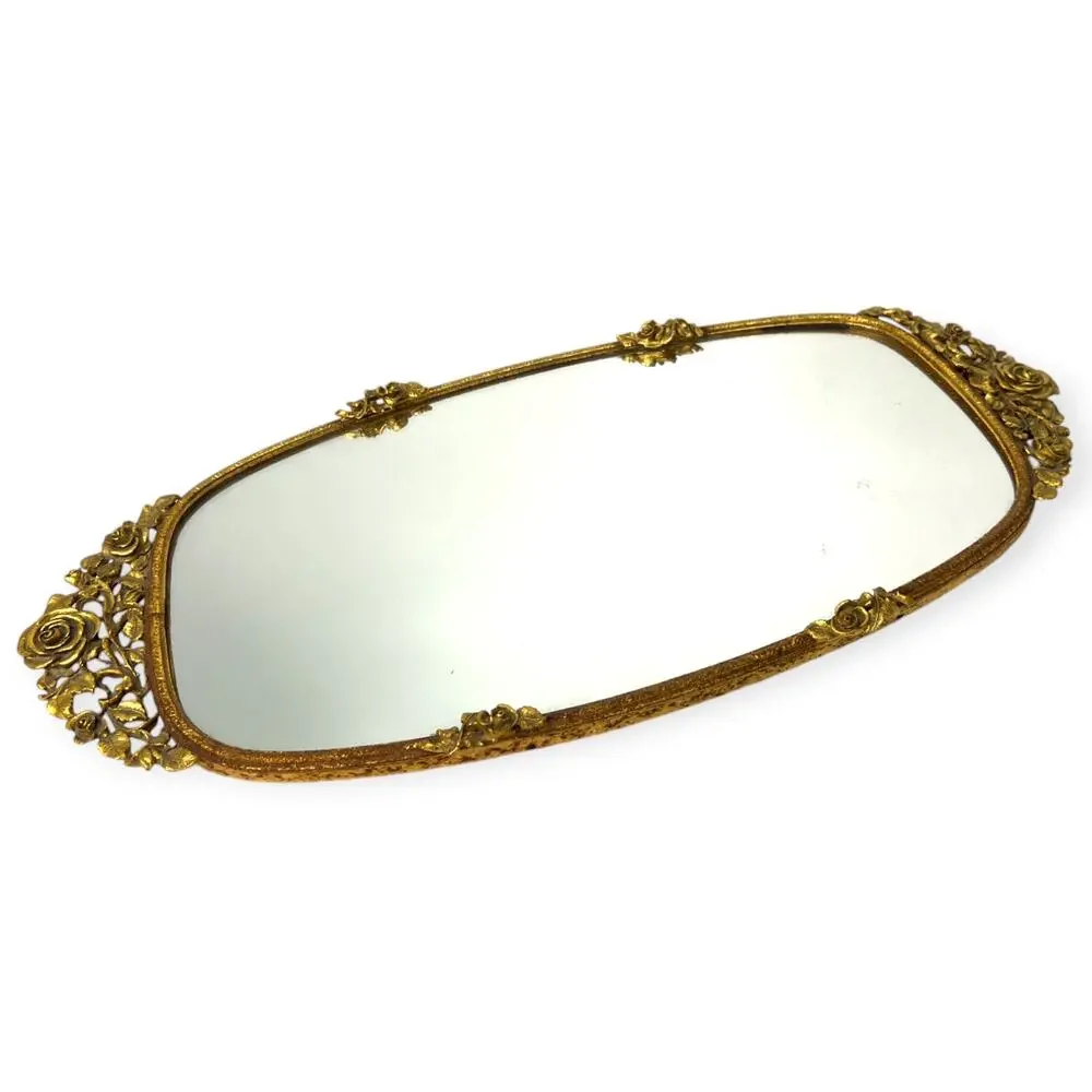 Vintage Ornate Gold Mirror Vanity Tray or Wall Hanging Gilded Signed Numbered